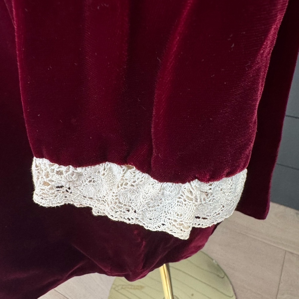 Vintage Red Velvet Like 1960’s Zippered Dress with Cream Lace, Christmas - Picture 5 of 16